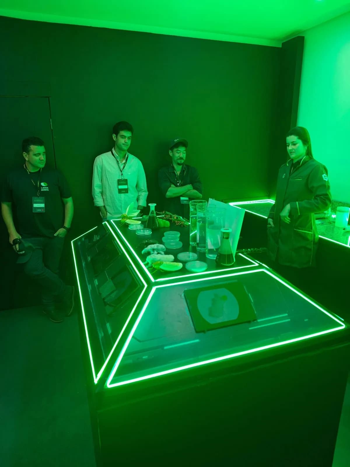 Participantes na sala imersiva do Bioespaço do Futuro, iluminada em verde